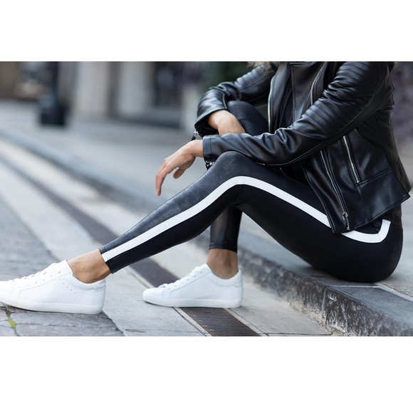 Like New Spanx Faux Leather Black & White Side Stripe Leggings - Picture 3 of 8
